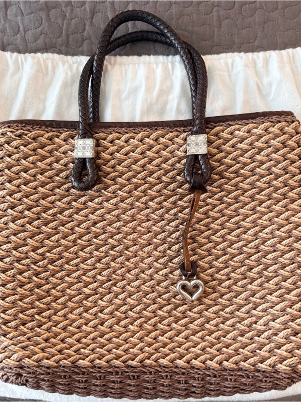 Brighton Rita Woven Jute Tote Bag with leather and silver plated accents